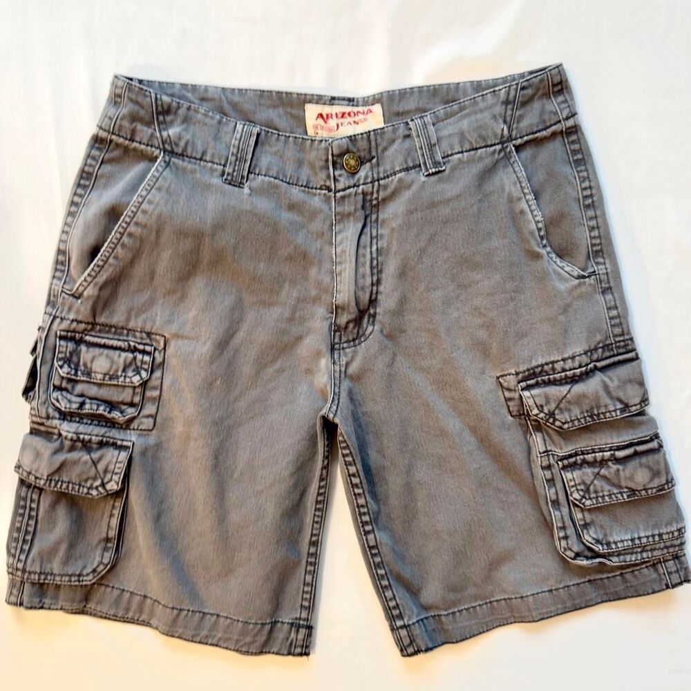 vintage 90s baggy utility cargo shorts faded charcoal grey/graphite wash 31”